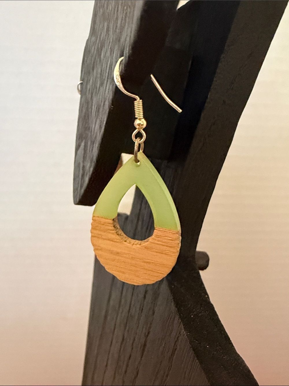 925 Silver Dual-Material Green Resin w/ Tan Wood Teardrop Drop Earrings